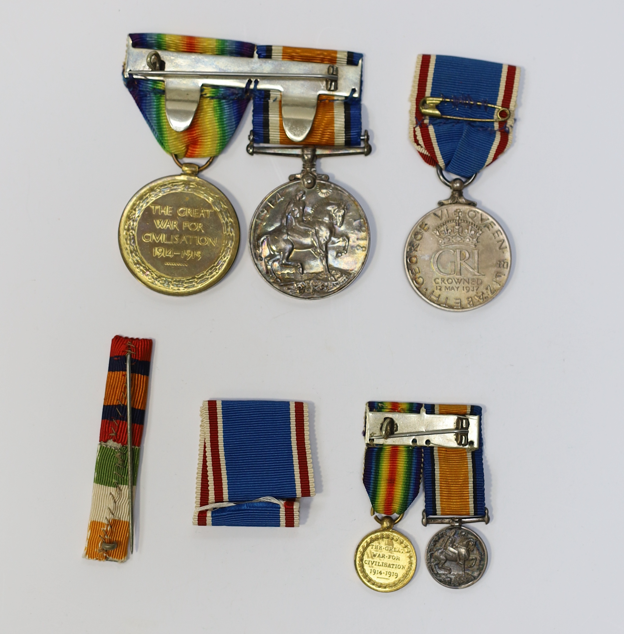 A WW1 pair oddly named for 'Maj Gen A.G.Dallas. Capt D.A.G.Dallas Jacob's Horse 1916-' with miniatures and a 1937 Coronation medal (5). Condition - fair